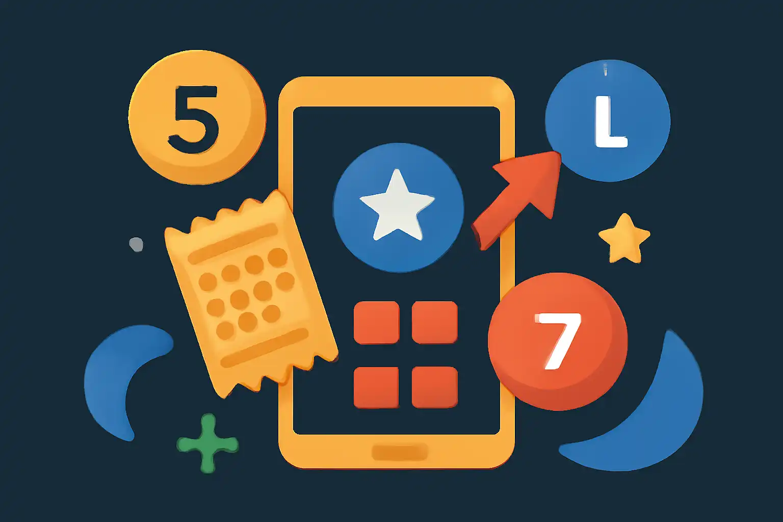 Hero illustration: Daman Lottery, modern flat design, dark background, brand-neutral, icons and shapes only, no text