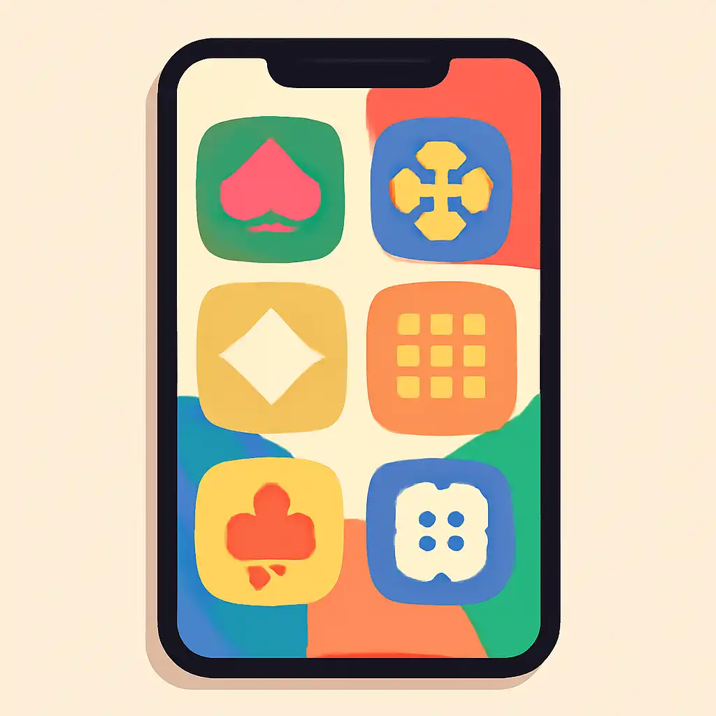 Smartphone shown from the front displaying a colourful flat layout of abstract game icons and rounded tiles (no text, no letters, no labels), Daman Lottery
